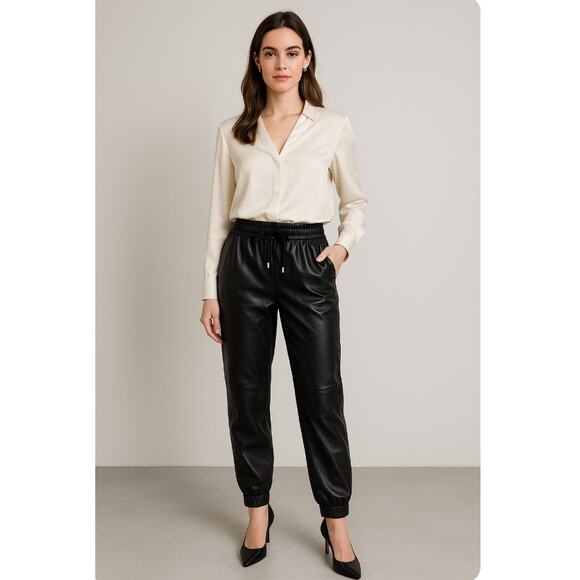 7 For All Mankind Black Faux Leather Joggers Elastic Waist Versatile Small - Picture 4 of 9